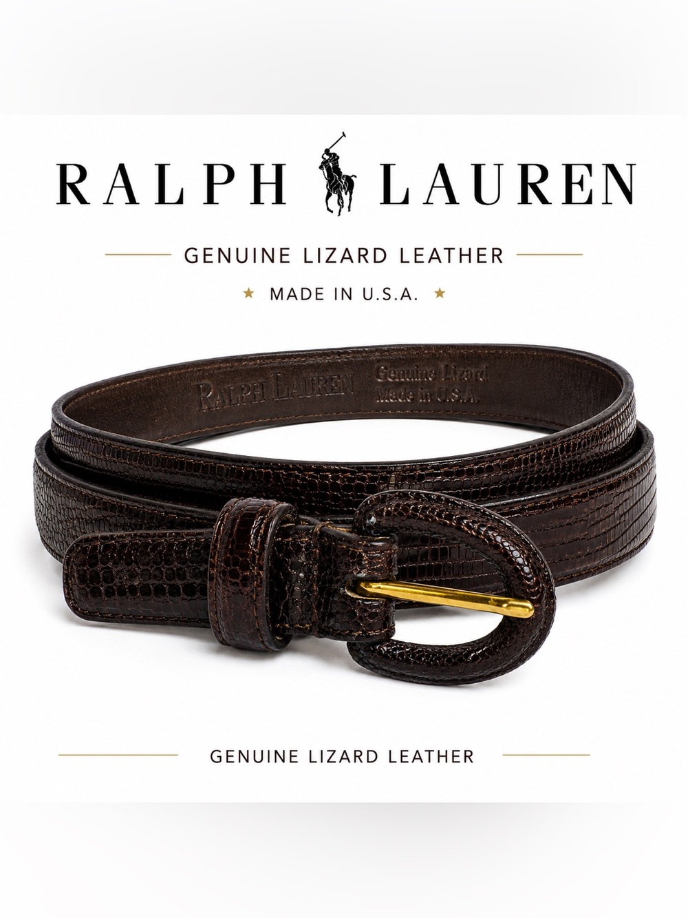 Ralph Lauren genuine lizard leather brown belt made in USA vintage